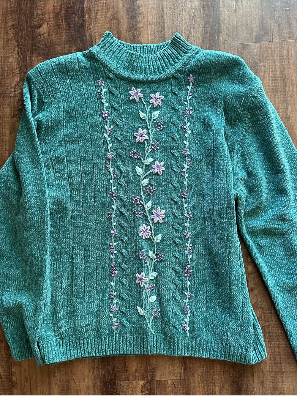 Alfred Dunner Teal Floral Embroidered Mock Neck Sweater